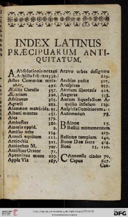 Index latinus praecipuarum antiquitatum