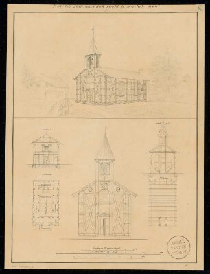 Dorfkirche Monatskonkurrenz September 1832: Grundriss Erdgeschoss, Balkenlage, Aufriss Vorderansicht (Eingang), Querschnitt zum Altar, zum Eingang, perspektivische Ansicht; 3 Maßstabsleisten