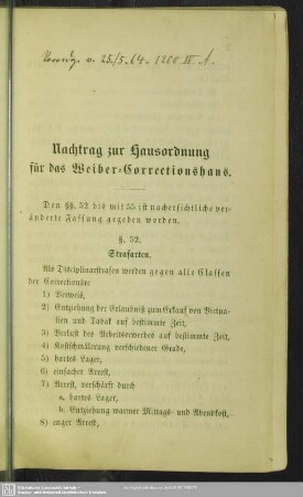 Nachtrag zur Hausordnung für das Weiber-Correctionshaus