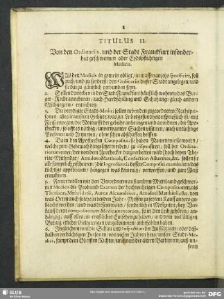 Titulus II. Von den Ordinariis, und der Stadt Franckfurt insonderheit geschwornen oder Eydspflichtigen Medicis