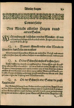 Conversatio Von Metaln allerlay Fragen unnd andern Sachen.