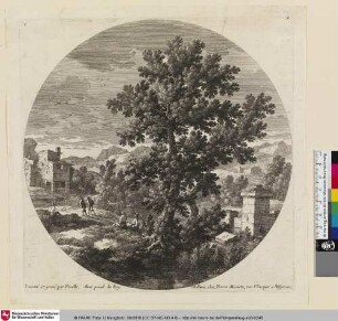 [Landschaft mit Baum an dessen Fuße Wanderer rasten]