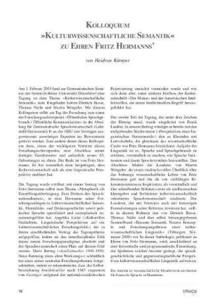 Kolloquium "Kulturwissenschaftliche Semantik" zu Ehren Fritz Hermanns'