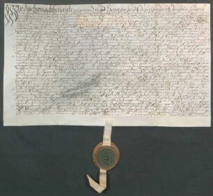 Wolf Geier, Schultheiß, und genannte Mitglieder des Gerichts zu Ubstadt beurkunden eine Gültverschreibung des Jost Derr und seiner Ehefrau Margarethe über 40 Gulden gegenüber Johann Rehm, Kirchenkollektor am Bruhrain.