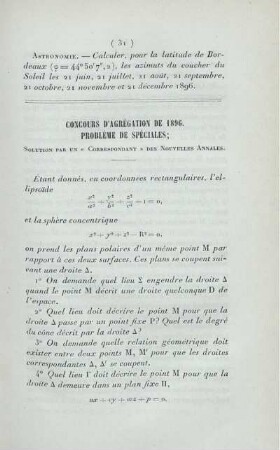 Concours d'agrégation de 1896. Problème de spéciales.