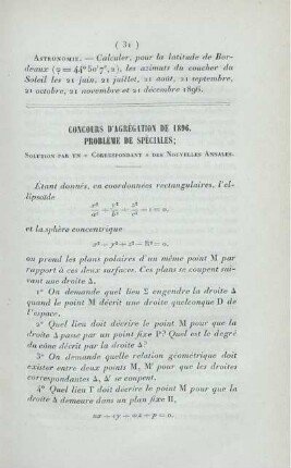 Concours d'agrégation de 1896. Problème de spéciales.