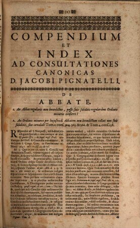 Compendium Et Index Ad Consultationes Canonicas D. Jacobi Pignatelli