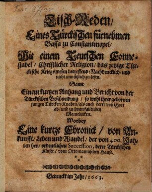 Tischreden eines türckischen fürnehmen Bassa zu Constantinopel mit einem Teutschen Connestabel