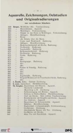Aquarelle, Zeichnungen, Oelstudien und Originalradierungen von verschiedenen Künstlern (Nr. 858-963k)
