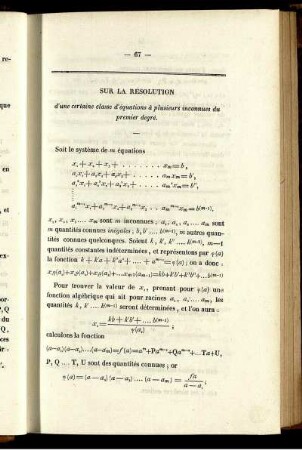 Sur la résolution d´une certaine classe d´equations à plusieurs inconnues du premier degré.