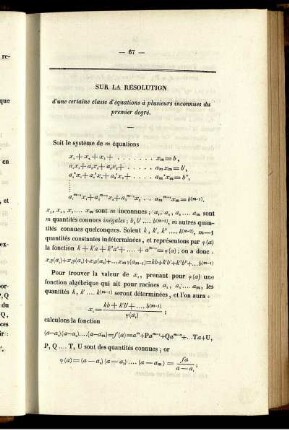 Sur la résolution d´une certaine classe d´equations à plusieurs inconnues du premier degré.
