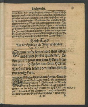 Leich-Text/ Aus der Epistel an die Römer geschrieben Cap. XIV. vers. 7. 8.