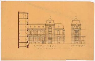 Wohn- und Fabrikgebäude Albrecht Soltmann, Berlin-Kreuzberg: 2. Entwurf: Quergebäude: Ansicht von der Giebelseite, Ansicht von der Hofseite, Schnitt CD