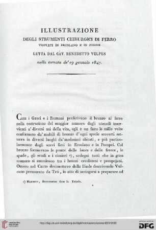 7: Illustrazione degli strumenti chirurgici di ferro trovati in Ercolano e in Pompei : letta dal cav. Benedetto Vulpes nella tornata de' 19 gennaio 1847