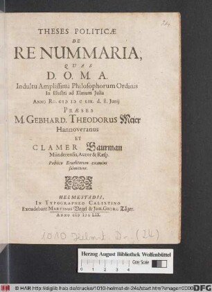 Theses Politicae De Re Nummaria