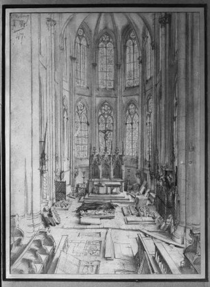 Blick in den Chor der Elisabethkirche nach der Überschwemmung 1847