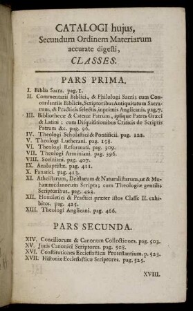 Catalogi hujus, Secundum Ordinem Materiarum accurate digesti, Classes.