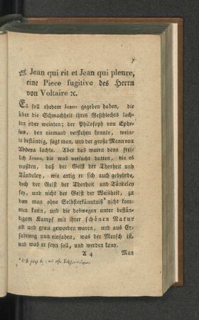Jean qui rit et Jean qui pleure, eine Piece fugitive des Herrn von Voltaire.