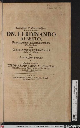 Serenissimo & Reverendissiomo Principi ac Domino, Dn. Ferdinando Alberto, Brunovicensium & Lüneburgensium Duci Celsissimo Ut & Capituli Argentoratensium Primarii Seniori Gravissimo, De Exoptatissimis Gemellis