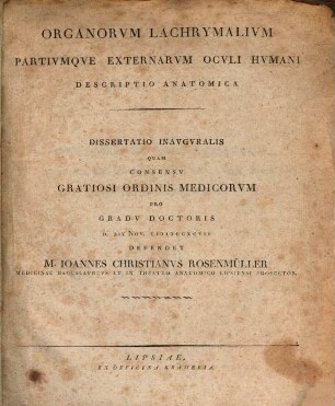 Organorvm Lachrymalivm Partivmqve Externarvm Ocvli Hvmani Descriptio Anatomica : Dissertatio Inavgvralis Quam Consensv Gratiosi Ordinis Medicorvm Pro Gradv Doctoris D. XIV Nov. MDCCXCVII