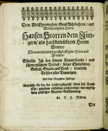 Dem Wol Ehrenvesten/ [...] Herrn Hansen Storren dem Jüngern/ [...]