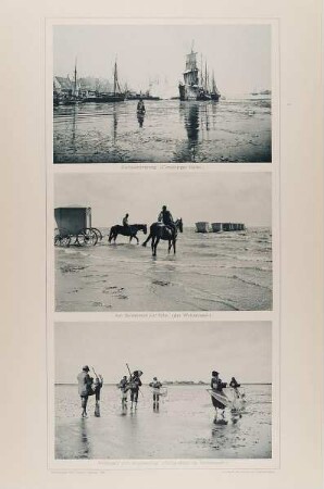 "Herbststimmung (Flensburger Hafen)", "Am Badestrand auf Föhr (Am Wattenmeer)" und "Heimkehr vom Krabbenfang (Hallig-Oland im Wattenmeer)" aus der Mappe "Malerische Bilder"