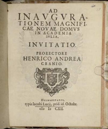 Ad Inaugurationem Magnificae Novae Domus In Academia Iulia, Invitatio