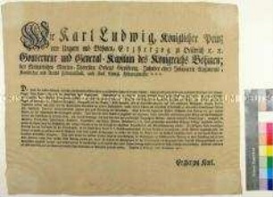 Bekanntmachung von Erzherzog Karl, Prag, deutsch und tschechisch