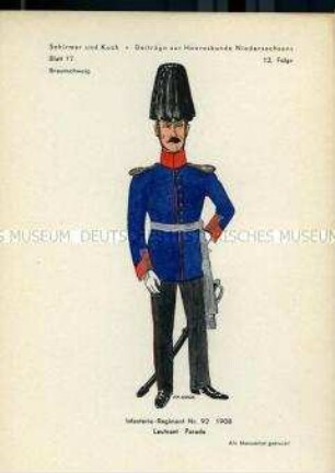 Uniformdarstellung, Leutnant des Herzoglich Braunschweigischen Infanterie-Regiments Nr. 92, Herzogtum Braunschweig, 1908.