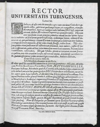 Rector Universitatis Tubingensis, Lectori Sal.