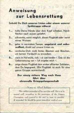 Illustriertes Propaganda-Flugblatt der Alliierten mit Hinweisen zur bedingungslosen Kapitulation