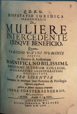 Disputatio Juridica Inauguralis De Muliere Intercedente Ejusqve Beneficio