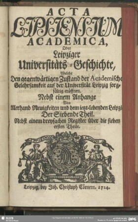 7.1724: Acta Lipsiensium academica : oder, Leipziger Universitäts-Geschichte ...; nebst e. Anhang von allerhand Neuigkeiten u. d. jetzt-lebenden Leipzig