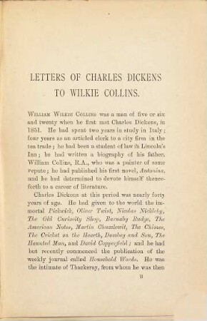 Letters of Charles Dickens to Wilkie Collins : 1851 - 1870