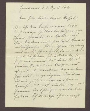 Schreiben von Granitin, Hannover, an Elisabeth Rosset, Kondolenzbrief zum Tod von Constantin Fehrenbach