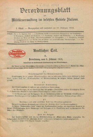 1918: Verordnungsblatt der Militärverwaltung im Besetzten Gebiete Italiens
