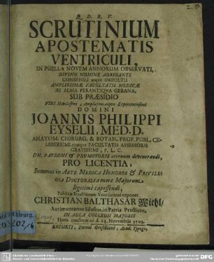 Scrutinium Apostematis Ventriculi : In Puella Novem Annorum Observati