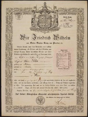 Reisepass für Siegfried Wilhelm Dehn : 31.08.1842