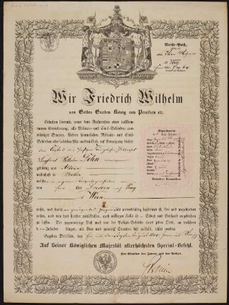 Reisepass für Siegfried Wilhelm Dehn : 31.08.1842