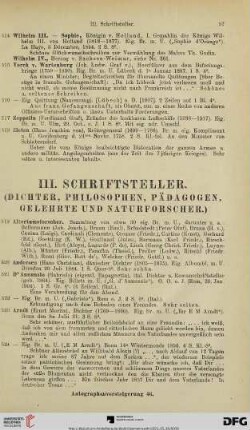III. Schriftsteller. (Dichter, Philosophen, Pädagogen, Gelehrte und Naturforscher.) (Nr. 519-752)
