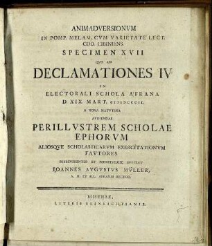 Spec. 17: Animadversionum In Pomp. Melam, Cum Varietate Lect. Cod. Cibiniens. Specimen XVII..
