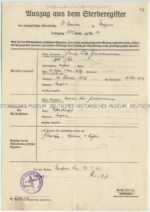 Auszug aus dem Sterberegister der St. Marienkirche von Massow in Pommern