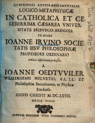 Qvaestiones Antepraedicamentales Logico-Metaphysicae