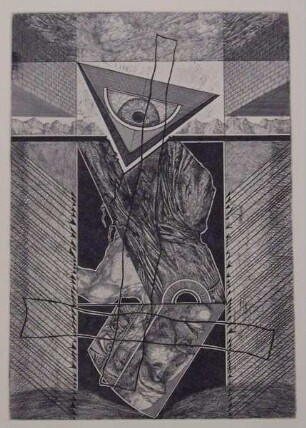 Grafikzyklus zum Thema "Wissenschaft-Technik-Mensch", Motiv "Dogmatische Zeitstufen", 1984.