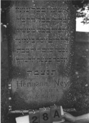 Grabstein 28 (Index: 100108095) Material: grauer Kunststein Zustand: bewachsen Maße HxBxT: 120x48x15 cm Beschreibung: Stele mit mehrfach eingezogenem Rundbogenabschluß, Sockel: Grabstein 28A