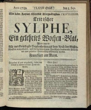 (LXXII. Stück.) den 5. Sept. Anno 1752.