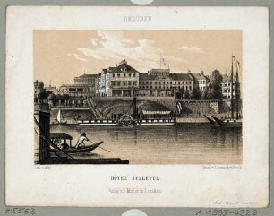 Das Elbufer und der Gasthof Helbig's Etablissement (um 1840 gegründet, nach 1870 Dresdner Feldschlösschen Brauerei) im Italienischen Dörfchen in Dresden, im Hintergrund die Semperoper, Blick vom Neustädter Elbufer nach Süden