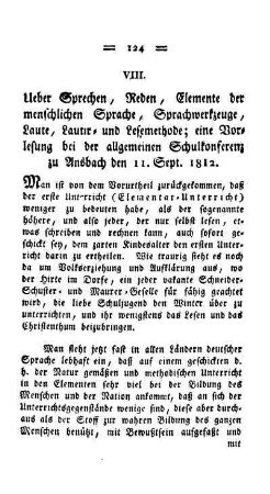 Ueber Sprechen, Reden, Elemente der menschlichen Sprache, Sprachwerkzeuge, Laute, Lautir- und Lesemethode; eine Vorlesung bei der allgemeinen Schulkonferenz zu Ansbach den 11. Sept. 1812