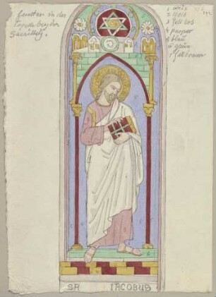 Nach einem Fenster der Kapelle San Giovanni Battista in der Unterkirche der San Francesco in Assisi, Jakobus den Älteren darstellend