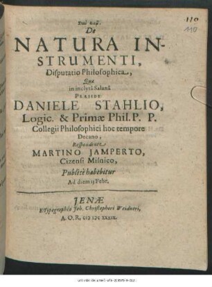 De Natura Instrumenti, Disputatio Philosophica